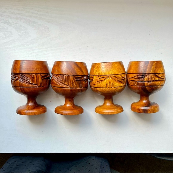 VINTAGE Set of 4 Hand-carved Wood Goblet Drink Glasses